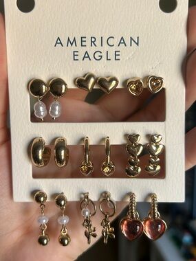 American Eagle Outfitters Gold Heart and Pearl Earring Set with Pink Heart Drops